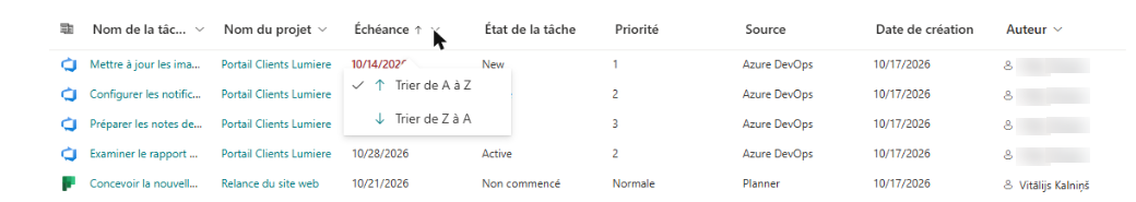 Le menu d'en-tête de colonne