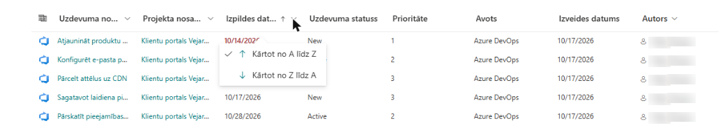 Kolonnas galvenes izvēlne