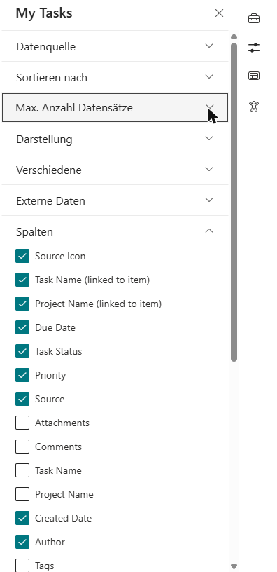 Die Gruppe „Spalten“ im Eigenschaftenbereich