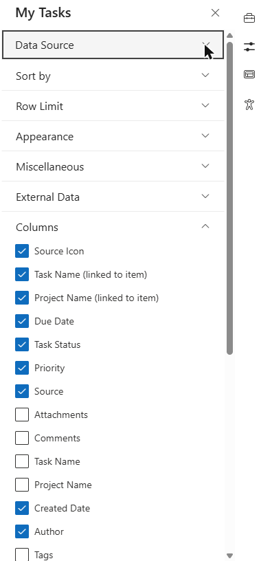 The Columns group in the property pane
