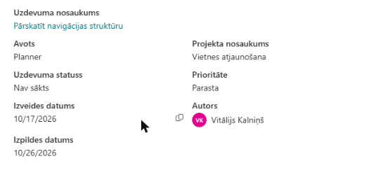 Panelis Detalizēta informācija par uzdevumu blakus uzdevumu sarakstam