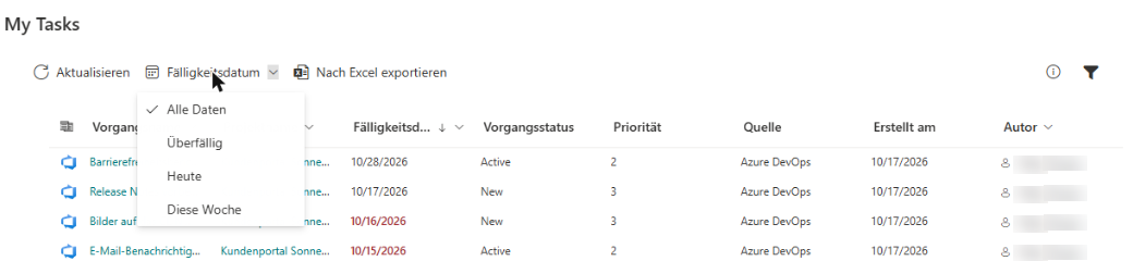 Das Menü „Fälligkeitsdatum“ und die Schaltfläche „Filter“