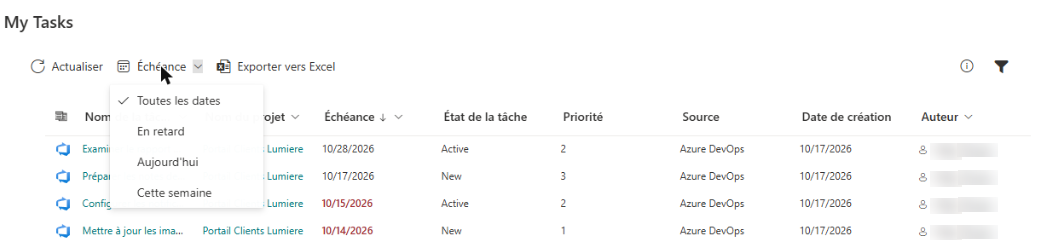 Le menu Échéance et le bouton Filtrer