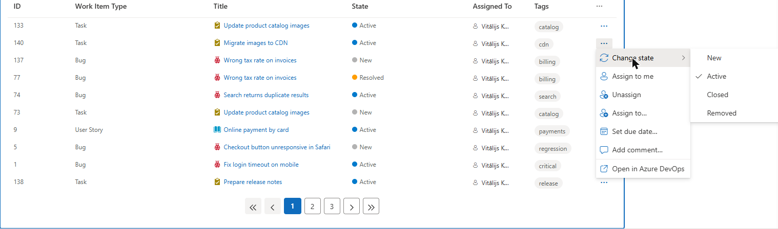 The Actions menu of a work item row
