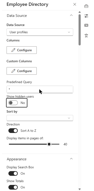 The Data Source group with the User profiles source