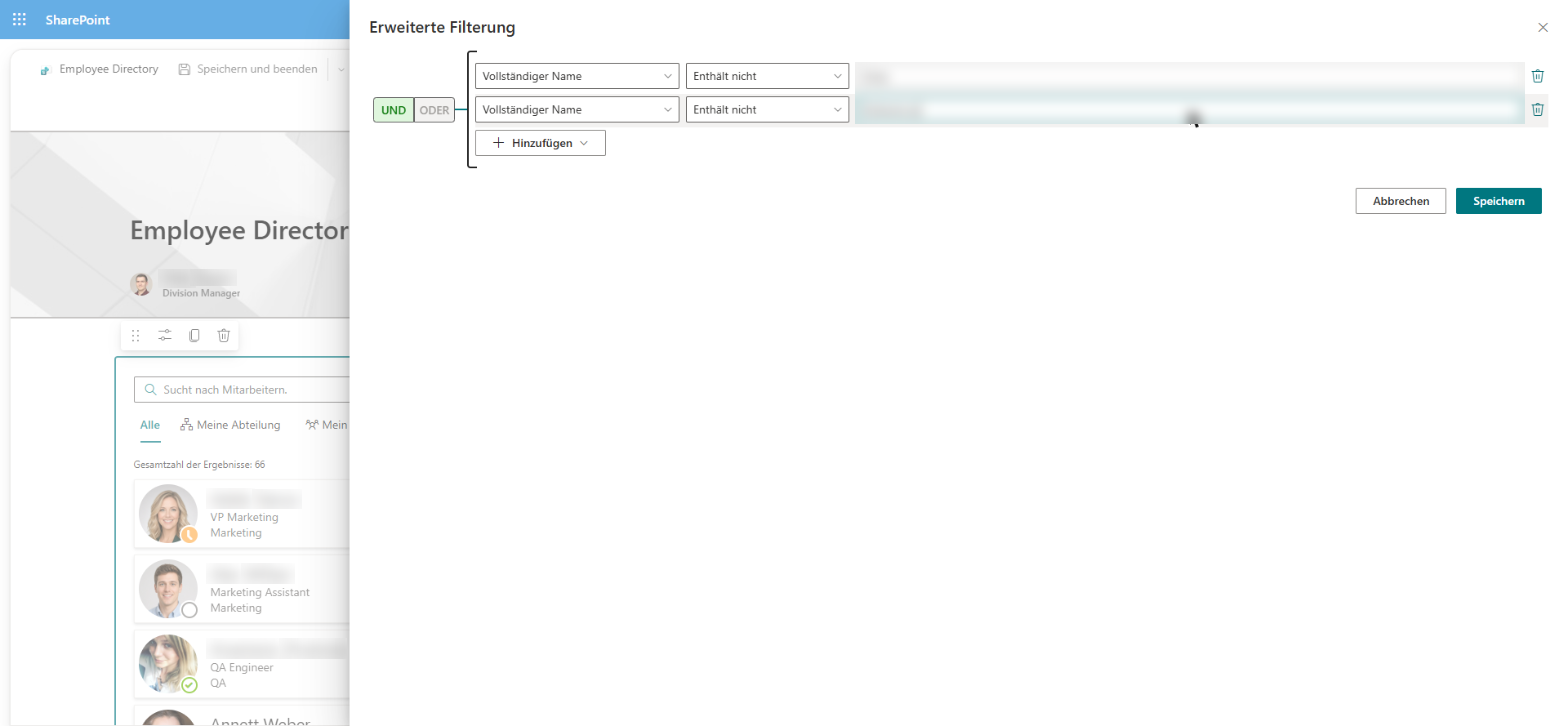Der Filter-Editor in Employee Directory (Entra ID)