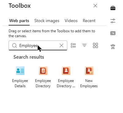 The Employee Directory web parts in the toolbox