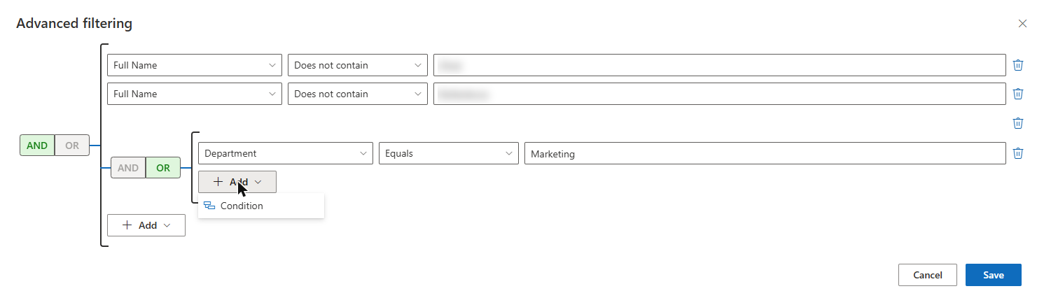 The Advanced filtering panel
