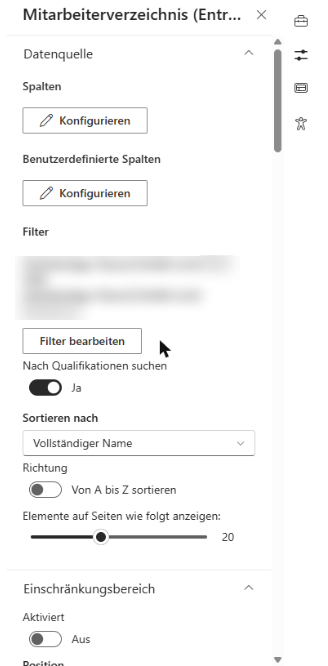 Der Filter im Eigenschaftenbereich des Webparts