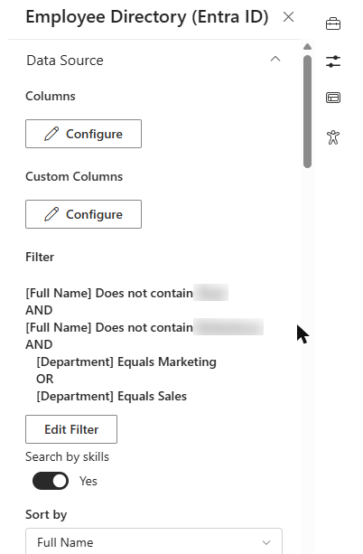 The filter in the web part property pane