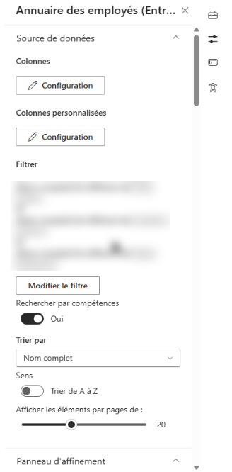 Le filtre dans le volet des propriétés du composant WebPart