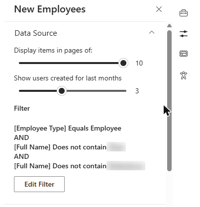 The filter in the New Employees property pane