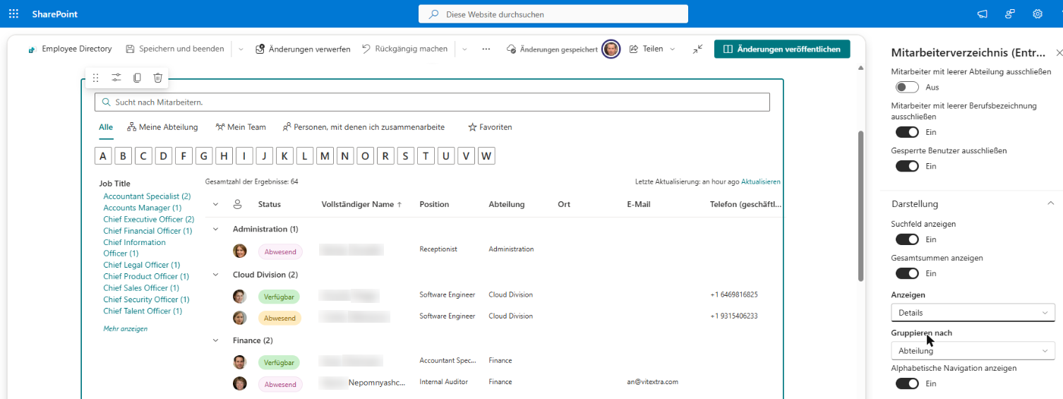 Ansicht „Details“, gruppiert nach Abteilung