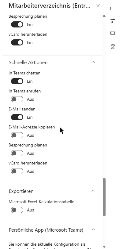 Die Gruppen „Kontextmenü“ und „Schnelle Aktionen“ im Eigenschaftenbereich