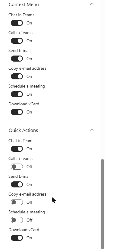 The Context Menu and Quick Actions groups in the property pane