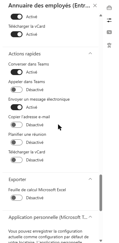 Les groupes Menu contextuel et Actions rapides du volet de propriétés