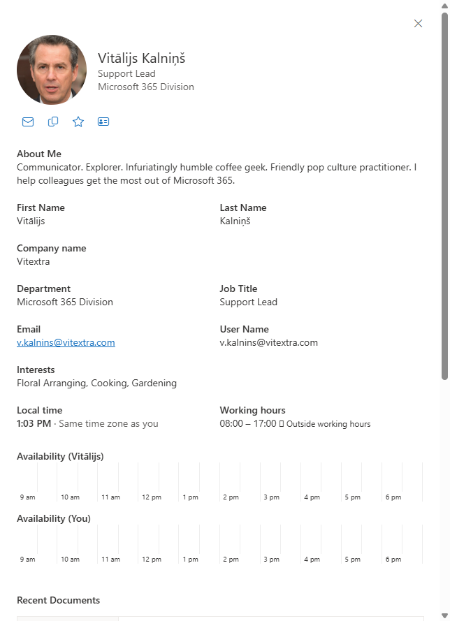 Local time, working hours and availability in the details pane