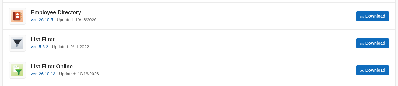 Product versions in the Download Center