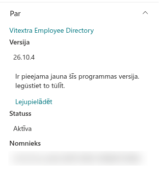 Rekvizītu paneļa sadaļa "Par"