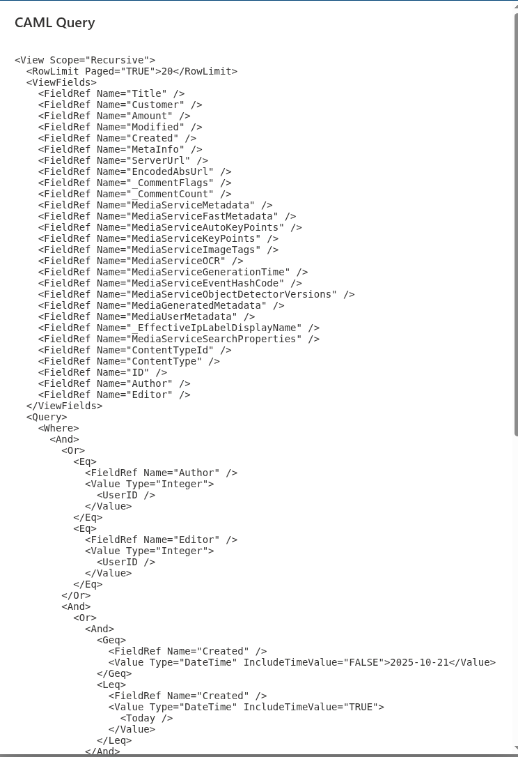 The CAML Query dialog shows the exact query sent to SharePoint
