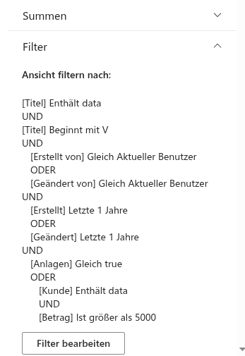 Die Gruppe „Filter" im Eigenschaftenbereich mit der Filtervorschau und der Schaltfläche „Filter bearbeiten"