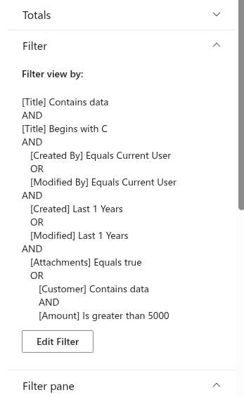 The Filter group of the property pane with the filter preview and the Edit Filter button