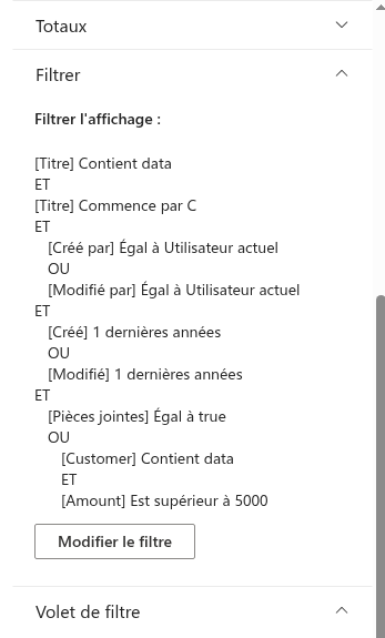 Le groupe Filtrer du volet de propriétés avec l'aperçu du filtre et le bouton Modifier le filtre