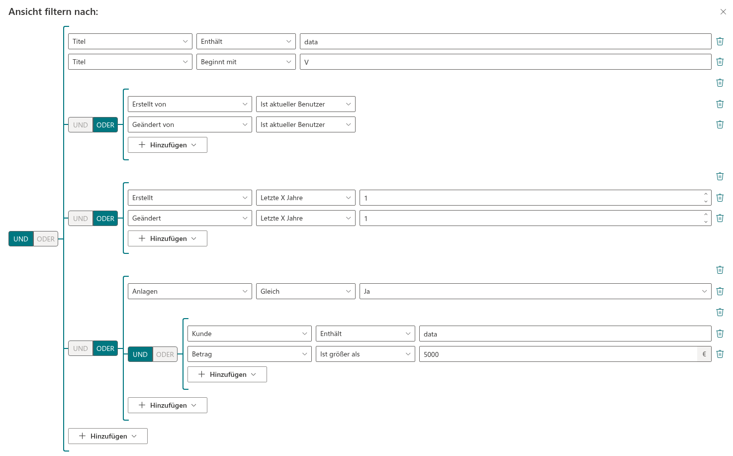 Eine Abfrage mit verschachtelten UND/ODER-Gruppen im Query Builder