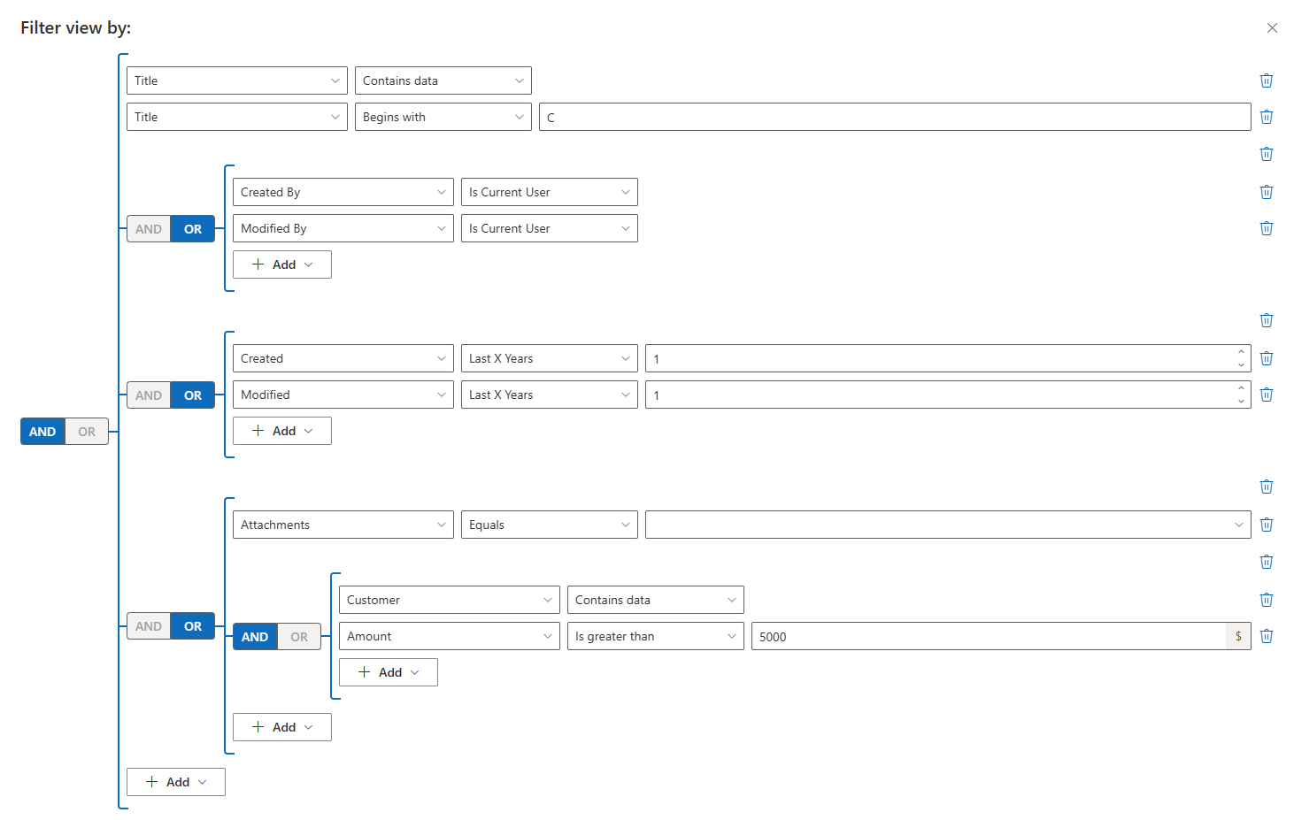 A query with nested AND/OR groups in the Query Builder