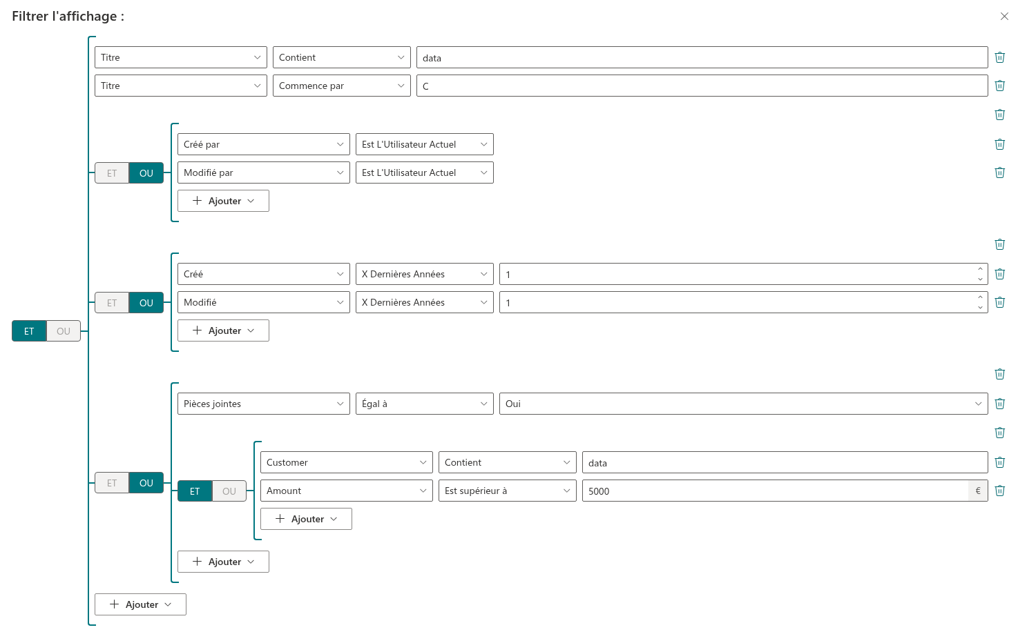 Une requête avec des groupes ET/OU imbriqués dans le Query Builder