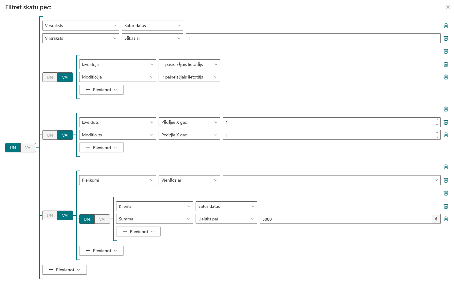 Vaicājums ar ligzdotām UN/VAI grupām Query Builder
