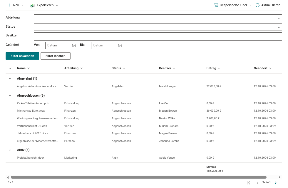List Filter Online auf einer Seite: Filterbereich, gruppierte Ergebnisse mit Summen und die Seitennavigation