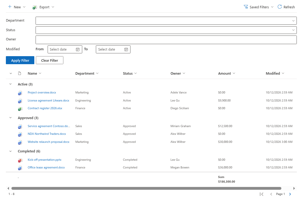 List Filter Online on a page: filter pane, grouped results with totals and the pager