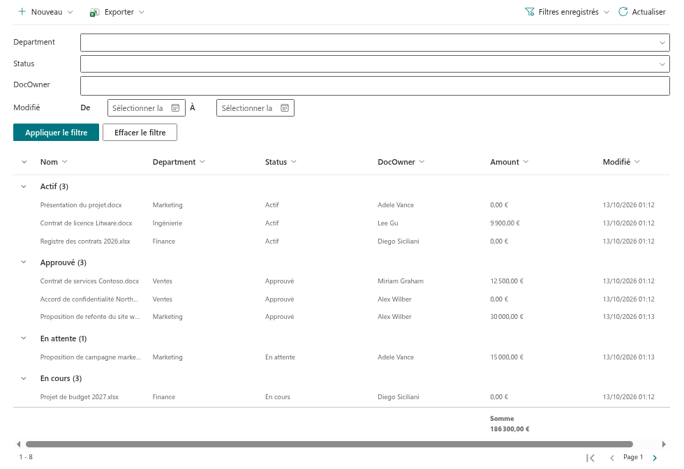 List Filter Online sur une page : volet de filtre, résultats regroupés avec totaux et pagination