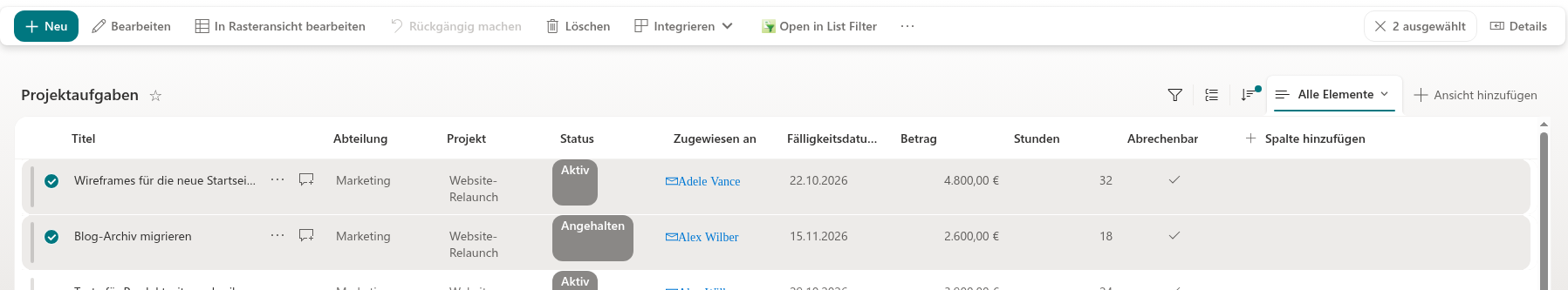 Der Befehl „Open in List Filter" in einer nativen Bibliothek