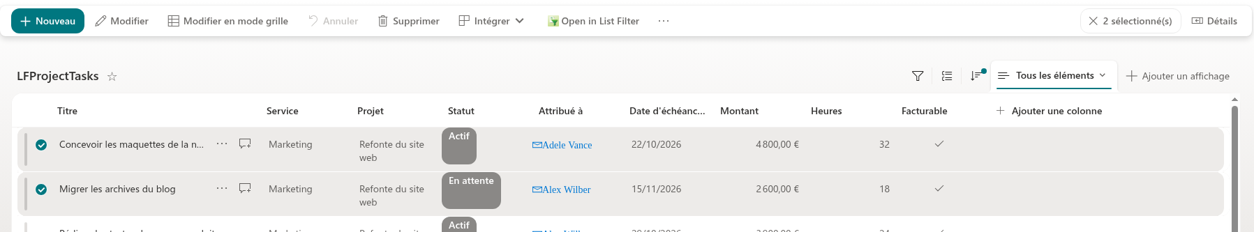 La commande Open in List Filter dans une bibliothèque native