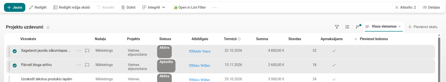 Komanda Open in List Filter vietējā bibliotēkā