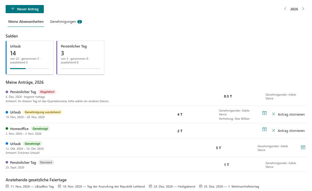 Das Webpart My Absences mit Saldenkarten und einer Liste von Anträgen