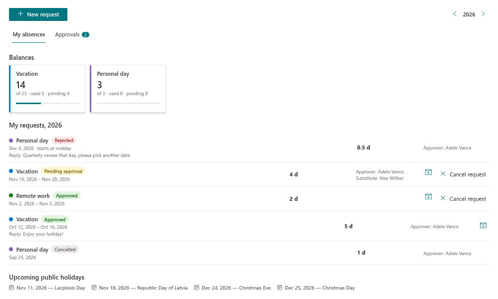 The My Absences web part with balance cards and a list of requests