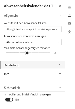 Der Eigenschaftenbereich des Webparts Team Absence Calendar