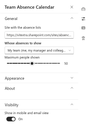 The property pane of the Team Absence Calendar web part