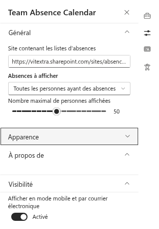 Le volet des propriétés du composant WebPart Team Absence Calendar