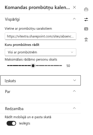 Tīmekļa daļas Team Absence Calendar rekvizītu rūts
