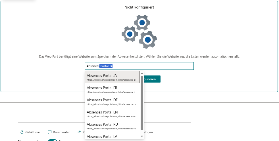 Der Bildschirm „Nicht konfiguriert“ mit der Websiteauswahl
