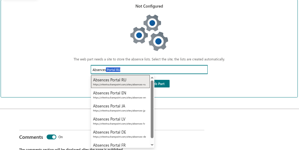 The Not Configured screen with the site picker