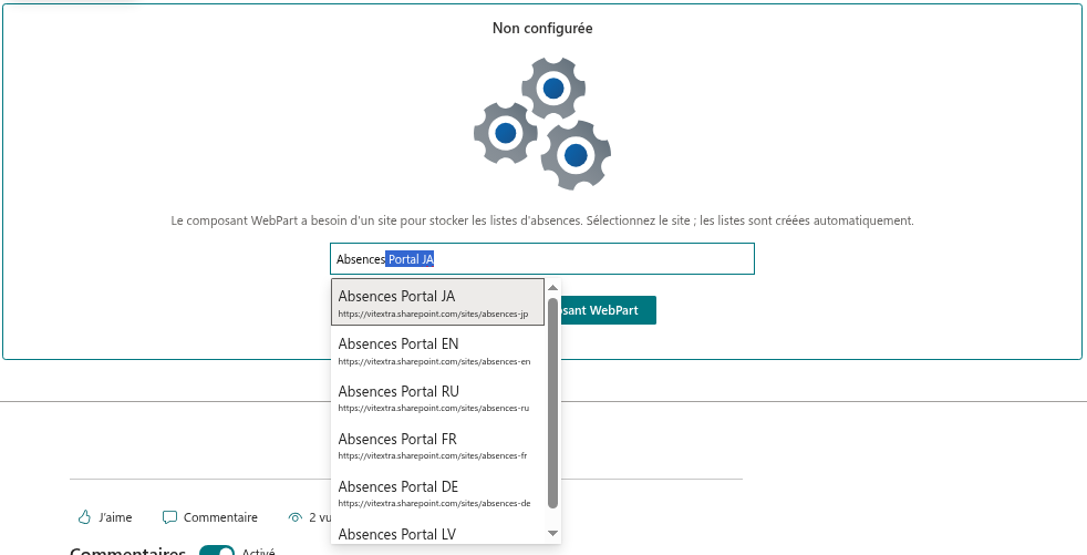 L'écran « Non configurée » avec le sélecteur de site