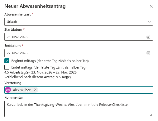 Das Fenster „Neuer Abwesenheitsantrag“, ausgefüllt für einen Urlaub