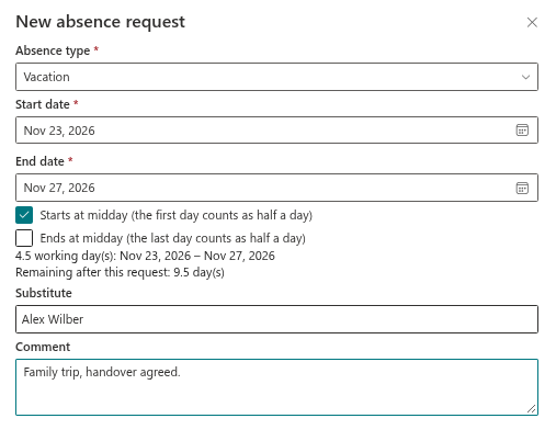 The New absence request panel filled in for a vacation