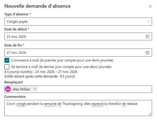 Le volet « Nouvelle demande d'absence » rempli pour des congés