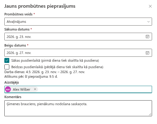 Panelis “Jauns prombūtnes pieprasījums”, aizpildīts atvaļinājumam